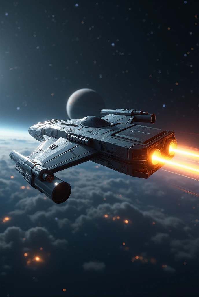 The image depicts a futuristic spacecraft propelled by a glowing cylindrical engine, soaring through a starlit cosmos with a distant planet visible.