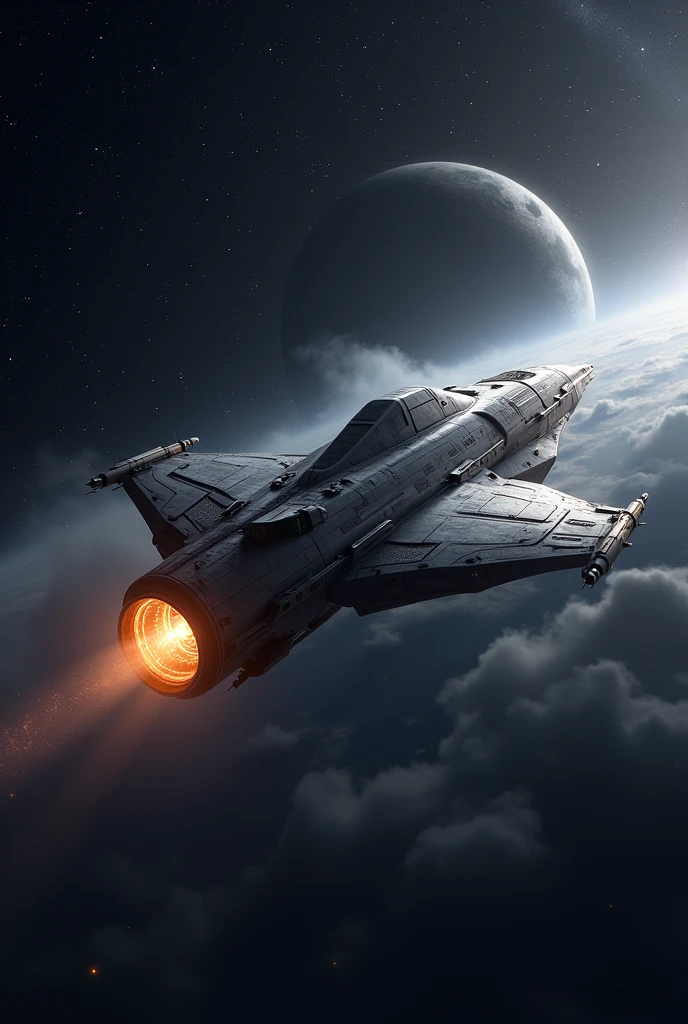 The image depicts a futuristic spacecraft propelled by a glowing cylindrical engine, soaring through a starlit cosmos with a distant planet visible.
