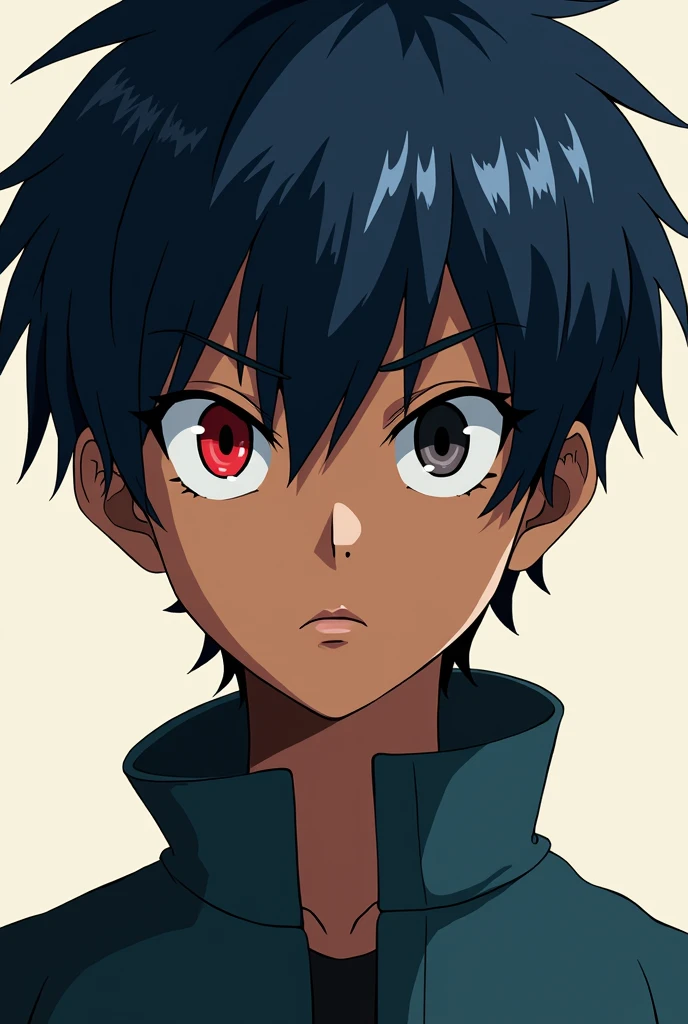 Create a drawing of a girl with a man's hair style and make it blue or dark colors,with a serious expression and that has a red and black eye and that is brown-skinned and that is My Hero Academia style