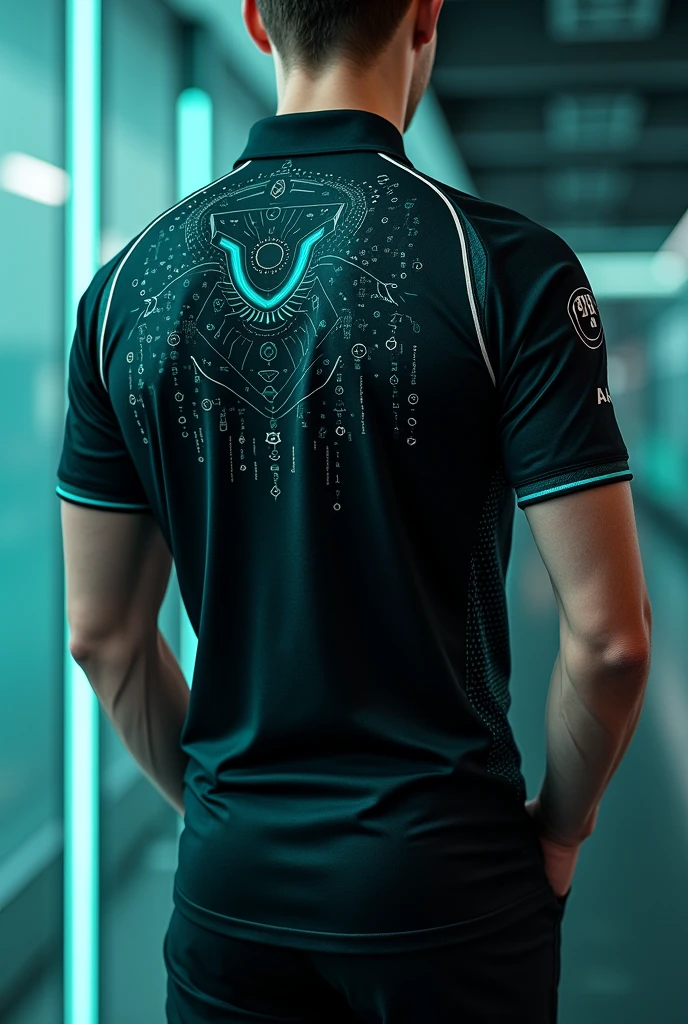 Sports polo design with black and turquoise colors, that the front part is shown with something related to systems. The back of the shirt has a random number and the person&#39;s name.
