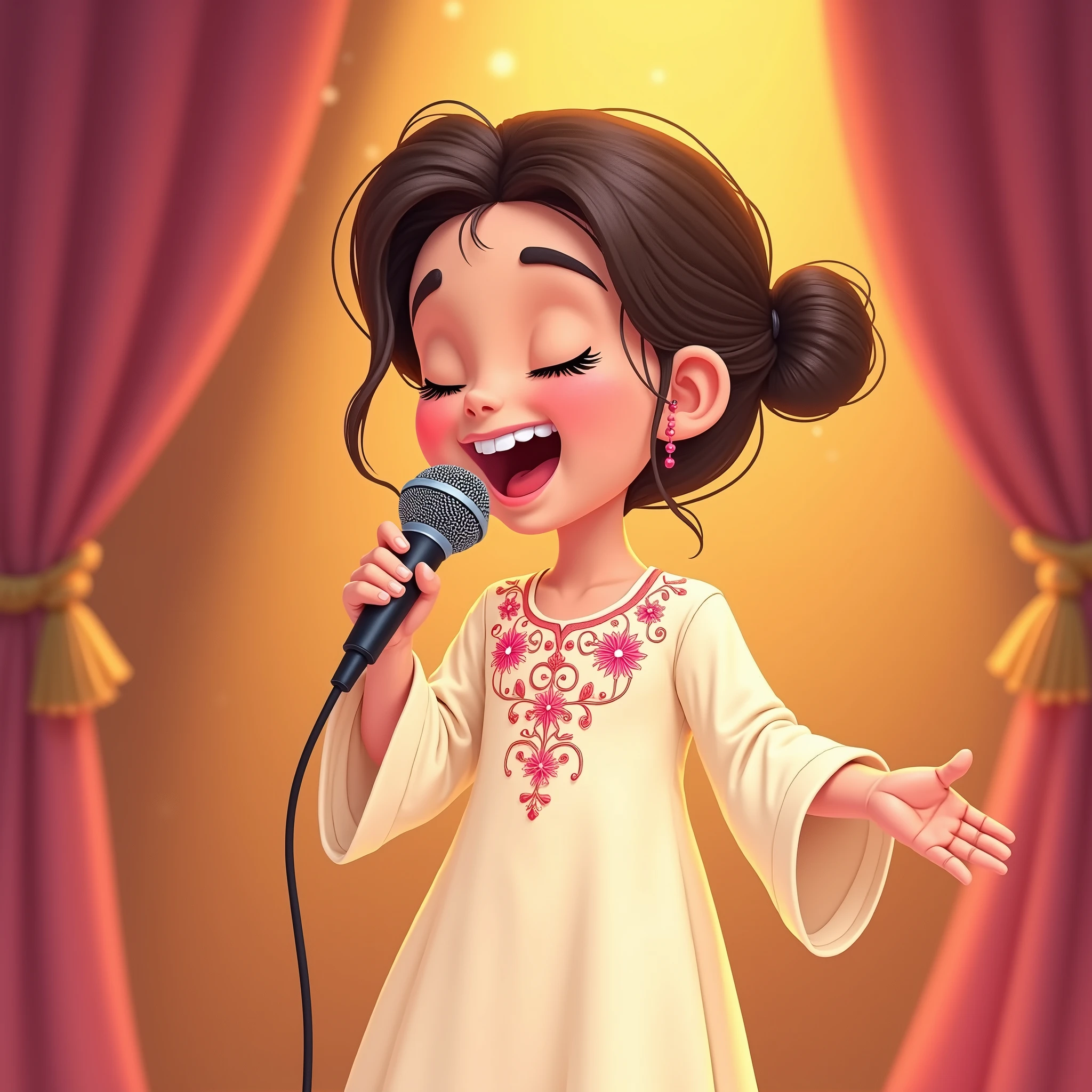 Lily, (highest quality, 4k, masterpiece:1.3), A young Pakistani Muslim girl wearing a traditional cream shalwar kameez with pink floral embroidery, her hair styled in a neat bun with loose strands framing her face. She stands in a side profile, holding the microphone close to her mouth, eyes closed as she sings passionately. The image is in a 2D animation style, with bright colors, cartoonish features, and soft, smooth shading. The background shows soft curtains, warm stage lighting, and a playful, joyful atmosphere. Clear outlines, simple textures, and an illustrated, digital painting look. (Cream shalwar kameez, pink floral embroidery, consistent outfit:1.3), (same hairstyle as before:1.3), (microphone close to mouth:1.3), (microphone always visible:1.3)