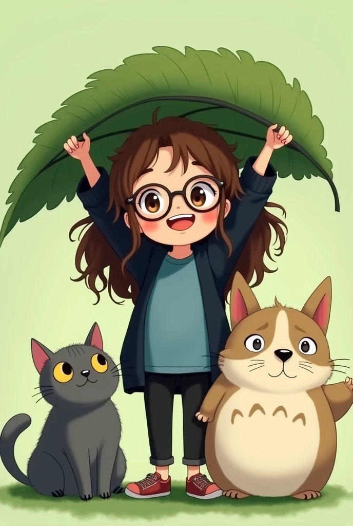 A young girl with brown long and curly hair, brown eyes, wearing a big smile wearing square prescription glasses, a black pants and a blue t-shirt and a black cardigan, holding a big leaf over their head, standing next to big white and cream dog of the breed border collie. Standing between the dog and the girl is a gray fluffy cat with yellow eyes. The background is a light green. The style of the scene is inspired by the movie My Neighbor Totoro.