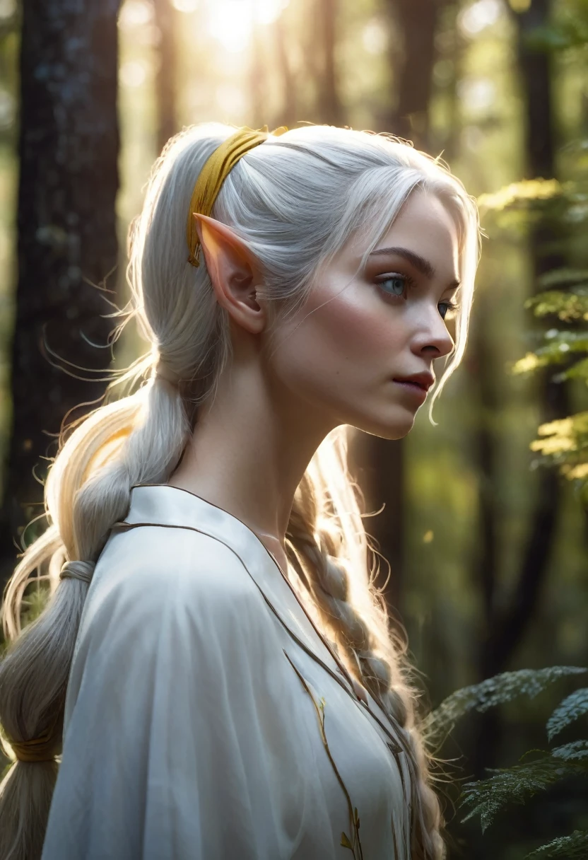 1 woman, inside a forest during the day, wearing a modest white robe with dark yellow details, slender body, detailed facial features, feminine blue eyes, clear and detailed skin, long white hair tied in two ponytails falling over her shoulders in the front, she has small elf ears, dramatic lighting, cinematic composition, warm palette in the forest with sunlight falling on her, dark lights, atmospheric haze, thin chin, soft face, calm face, smooth face, adult woman, ultra realistic, profile picture, young woman (best quality, 4K, 8K, high resolution, art: 1.2), ultra detailed (realistic, photorealistic, photorealistic: 1.37)