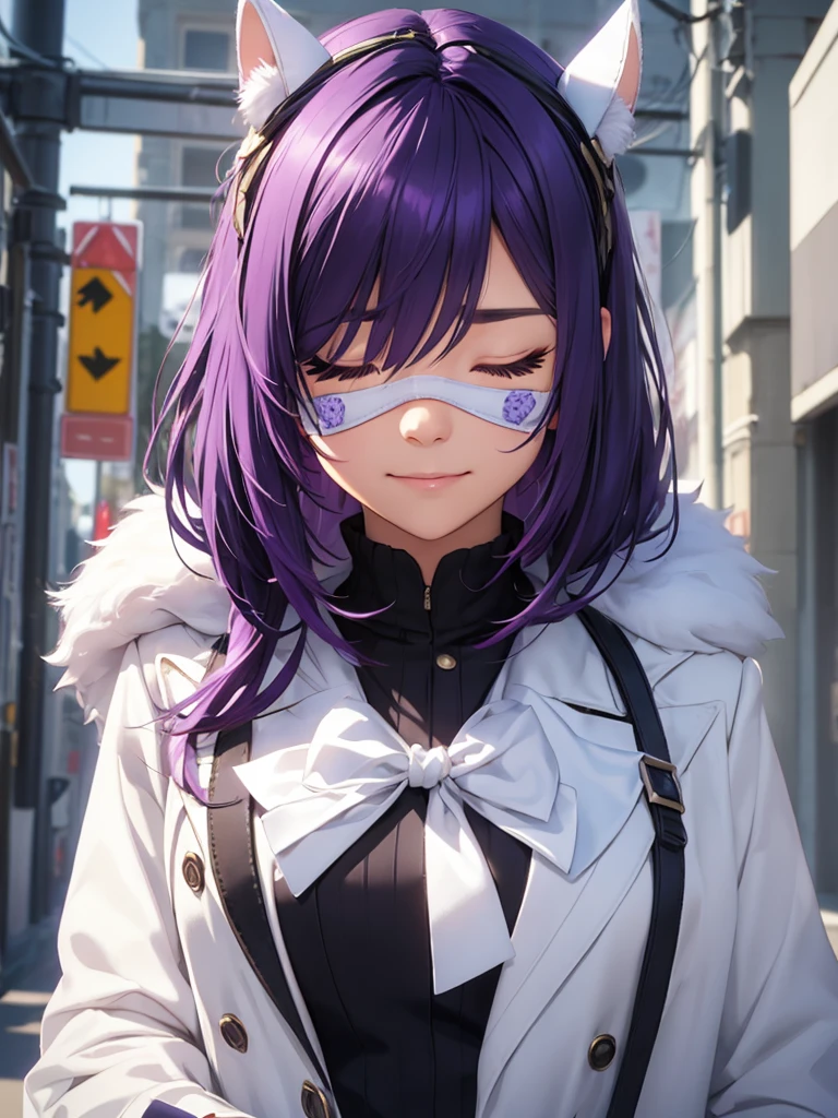 ((custom-eye-mask)), ((patterned mask)), ((patterned eye mask)), string hair ribbon, purple hair, ((realistic)), ((photorealisim)), ((photorealistic)), ((cosplay)), ((real life)), 1girl, solo, closed eyes, black hair, multicolored hair, blush, fur trim, fur-trimmed coat, smile, coat, purple hair, long hair, ((eye mask)), bangs, closed mouth, bow, flying sweatdrops, white coat, ribbon, bandages, two-tone hair, upper body, white bow, hair ornament