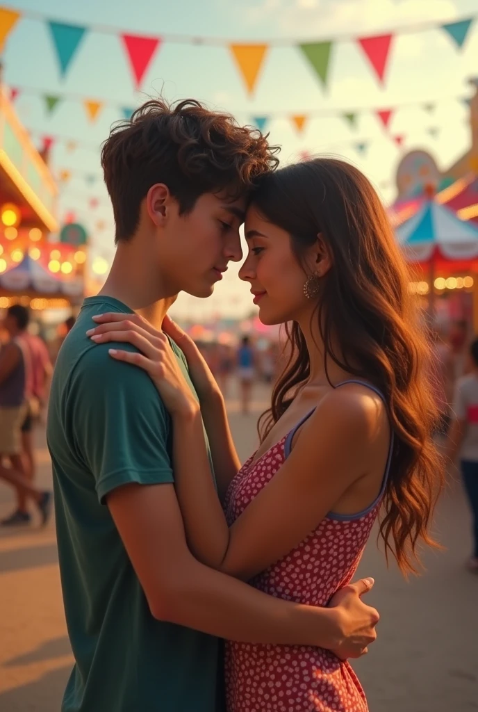 take a picture of a teenage couple hugging the fair-skinned girl, eyes browns, Long light brown hair, and thin but with a body and the boy would be the actor Louis Patringe
