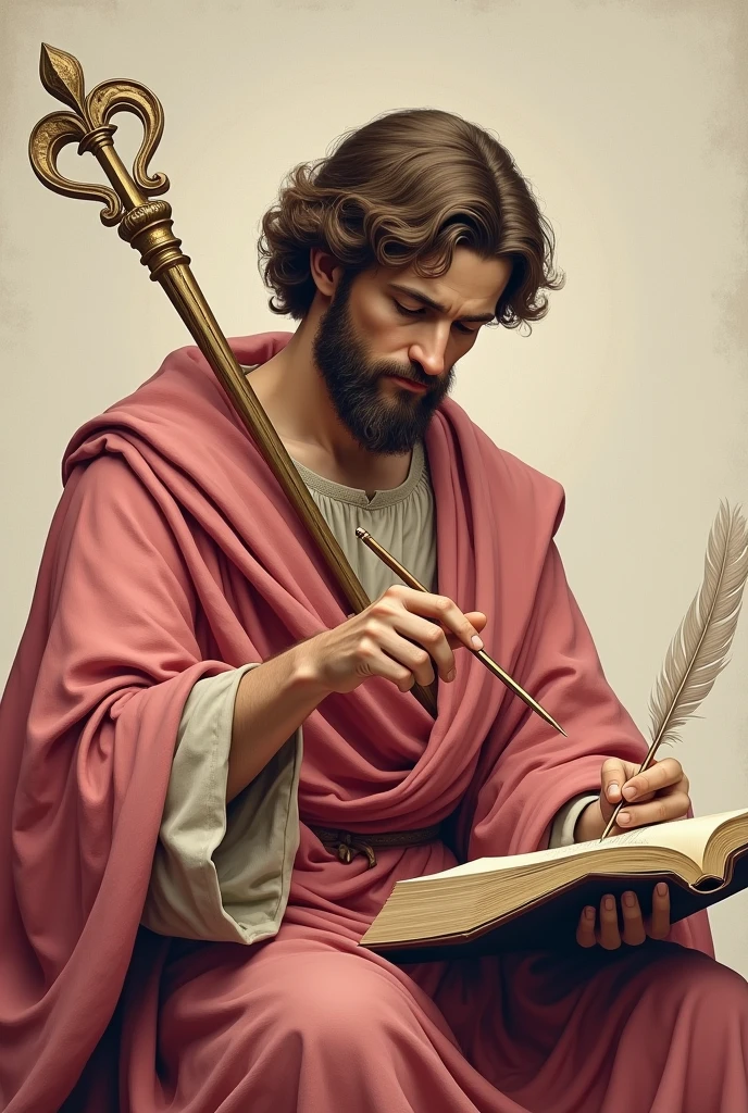apostle saint matthew, patron of accounting, with pinkish red cloak, with a staff-shaped Caduceus resting on his shoulder, writing with a quill pen in a notebook.