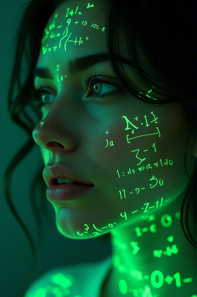 Close-up of woman's face, glowing green holographic equations projected onto skin. Intense gaze, realistic features. Dark background, cyberpunk aesthetic. Luminous mathematical formulas, handwritten style. Futuristic, high-tech atmosphere. Photorealistic rendering, dramatic lighting, sharp contrast