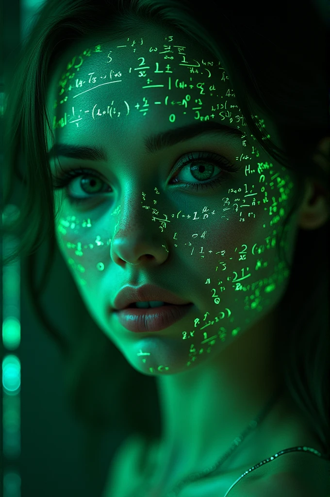 Close-up of woman's face, glowing green holographic equations projected onto skin. Intense gaze, realistic features. Dark background, cyberpunk aesthetic. Luminous mathematical formulas, handwritten style. Futuristic, high-tech atmosphere. Photorealistic rendering, dramatic lighting, sharp contrast