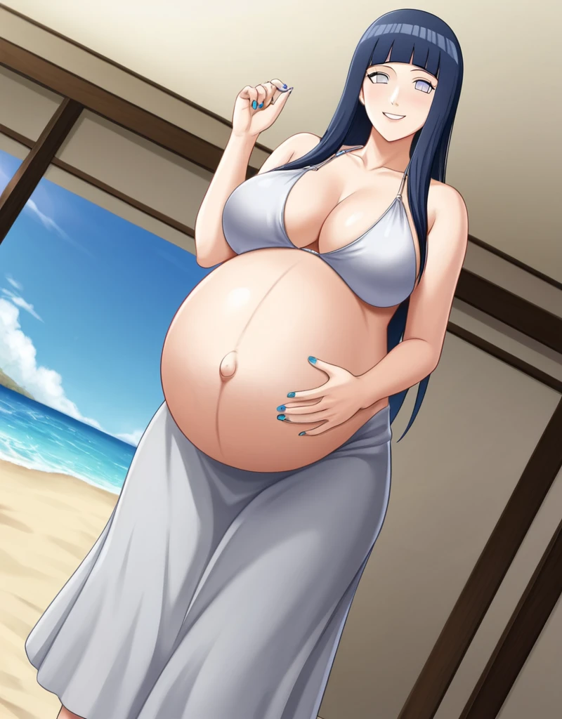 HYUUGAHIN, LIGHT GRAY TOP, "BLACK LONG HAIR", BLUE EYES, 1GIRL, BLUNT BANGS, Hinata Hyuga, Naruto: The Last, long indigo hair, straight hair, soft bangs, pale lavender eyes, mature, refined, elegant,
high-quality, ultra-detailed, beast quality, 8K resolution, anime style, beach,
looking at viewer, dutch angle, cowboy shot, smile, pregnant belly, large belly, big belly, big Breasts, belly button, bikini, skirt,
1girl,solo, indoors, happy, Smiling, rub belly,
full body, Nail polish, 