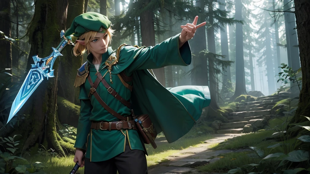 Depiction of the upper body、"A heroic figure inspired by The Legend of Zelda. link, the legendary hero, stands poised and ready for action. He is depicted as a young man with bright blue eyes and pointed elf-like ears, wearing his iconic green tunic and matching hat. His leather boots are sturdy and well-worn, and he carries a shining Master Sword in one hand and a Hylian Shield in the other, both gleaming with magical energy. His expression is determined and brave, as he faces down a formidable enemy in a dense, enchanted forest. The golden Triforce symbol glows faintly on the back of his left hand, symbolizing his destiny as the Hero of Time."