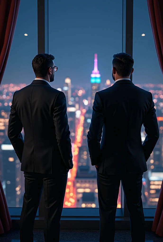 Men wearing a black suit, looking at a big city through the window at night.