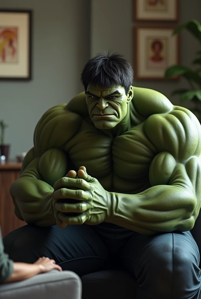 Hulk undergoing anger therapy, talking to the therapist 