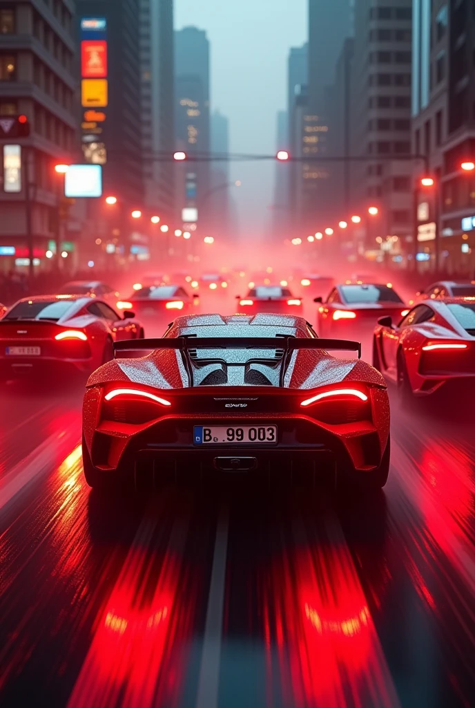 A scene of sports cars in a rally, red ambient lighting, blur of cars racing through the city in the race, I want cars like Lamborghini, Pagani, porsche, bugatti, ferrari, Koenigsegg and McLaren. Image with dimensions 512 x 800