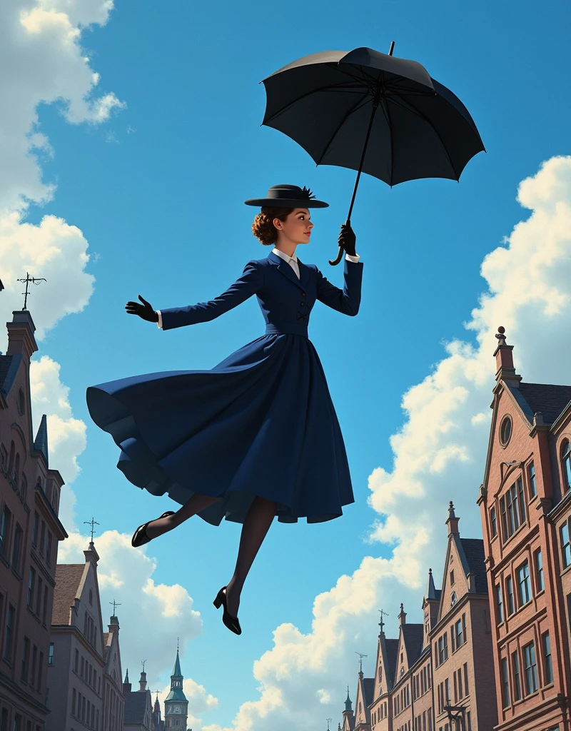 Cinematic Picture of The enigmatic magical nany [Mary Poppins:Emily Blunt:0.1] with her black umbrella she's levitates in the sky, with London City scene in Background, insanely detailed and intricate, photo realistic oil on canvas, Don Lawrence style with Studio Ghibli Aesthetic,  detailed face