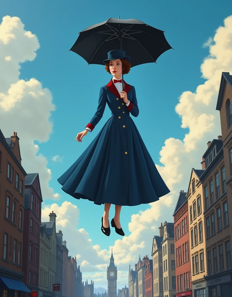 Cinematic Picture of The enigmatic magical nany [Mary Poppins:Emily Blunt:0.1] with her black umbrella she's levitates in the sky, with London City scene in Background, insanely detailed and intricate, photo realistic oil on canvas, Don Lawrence style with Studio Ghibli Aesthetic,  detailed face