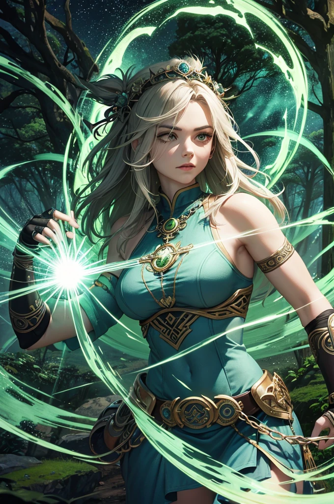 Create a Celtic rock-themed thumbnail featuring a mystical forest with ancient stone circles. At the center, a warrior with Celtic tattoos wields an electric guitar, surrounded by glowing green light and mist. Incorporate Celtic symbols like triskelions and knotwork. The text 'The Banquet of Gods' should be in a runic, yet modern, font with fiery accents, blending ancient mythology with the raw energy of rock.