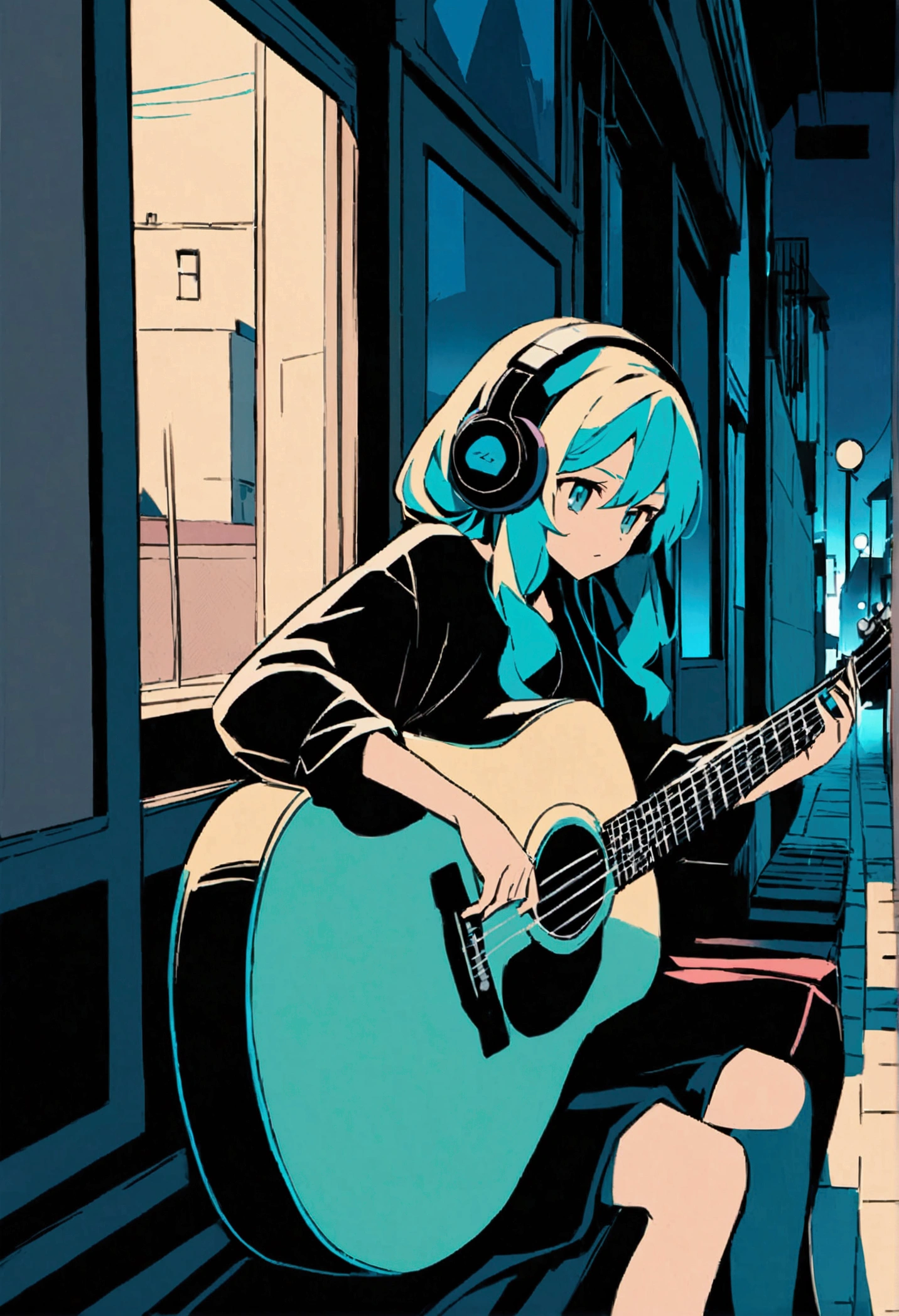 Anime-style illustration of Hatsune Miku sitting on a bench in the city. he長い間, She has light wavy hair and is wearing headphones. he、Dressed casually with a dark shirt and loose coat over his clothing。. In the background there is a street with buildings and utility poles., Beautifully drawn, With minimalist lines. The overall color scheme is soft and dark., Gives the image a calm and relaxing feel."Playing guitar