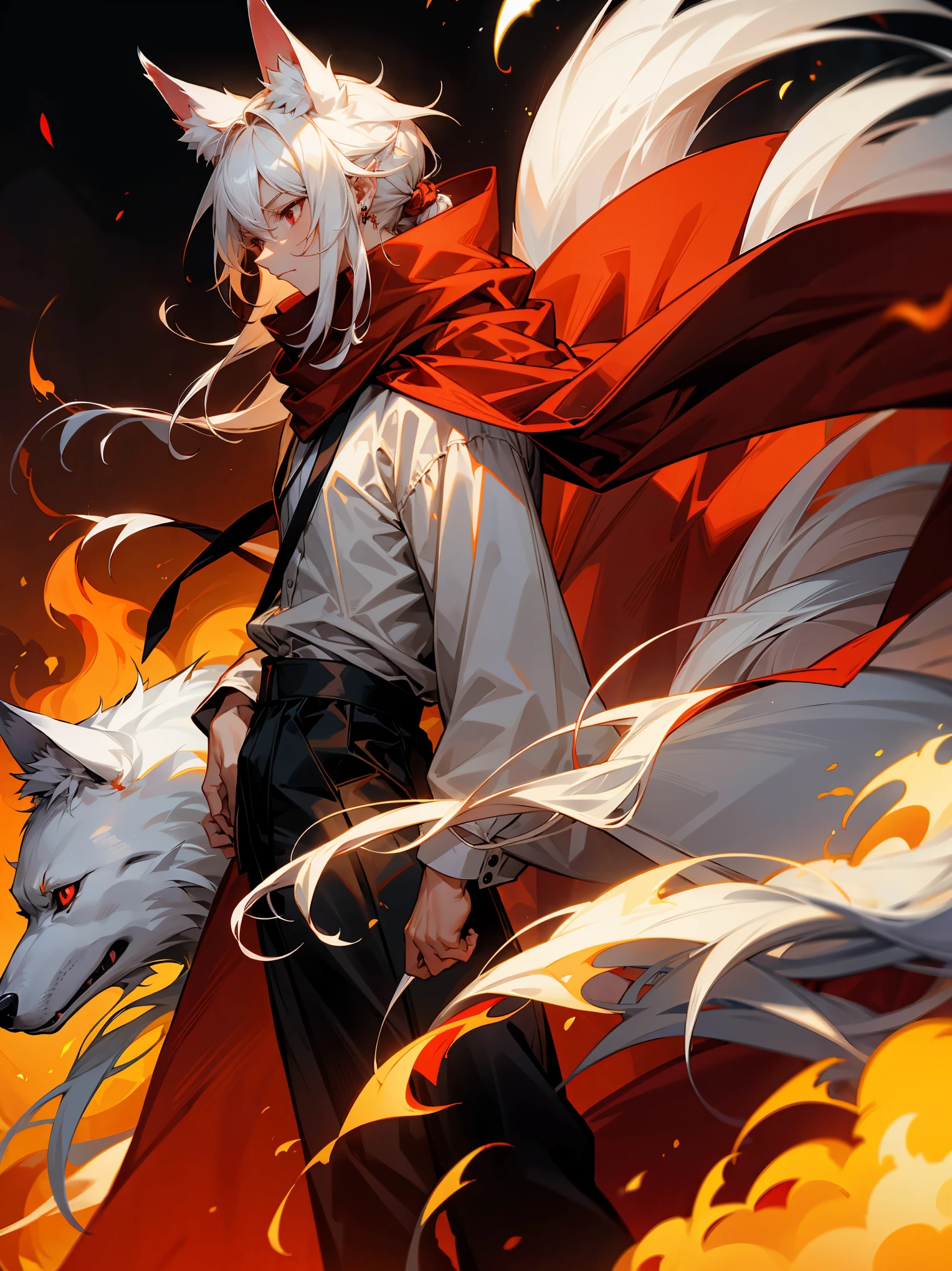 1male, Adult, Long White Hair, White Baggy Long Sleeve Shirt, Baggy Black Pants, Red Eyes, Red Scarf, Earring, Masculine, Dog Ears, Surrounded By Flames, Wolf, Single Hair Braid