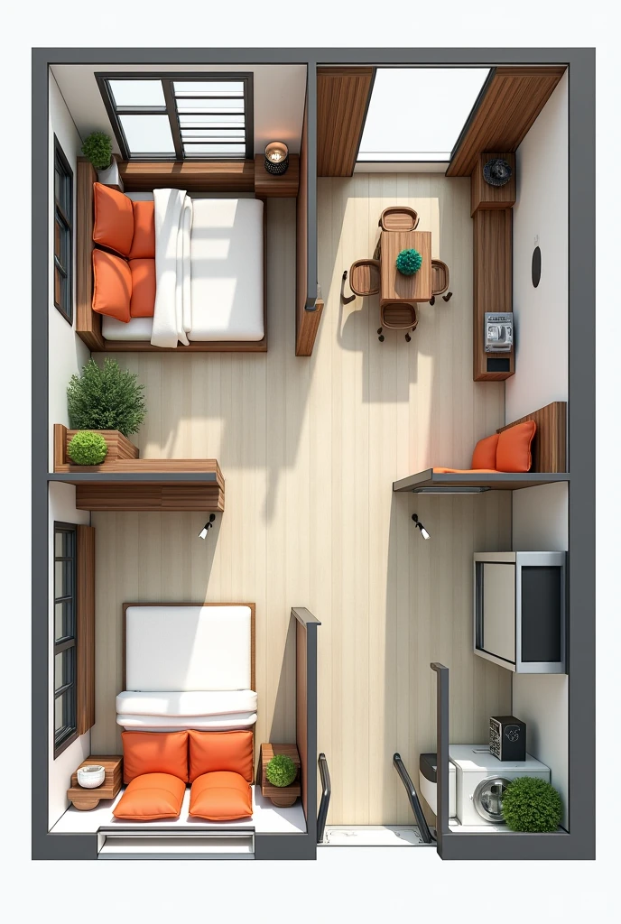design a 40 square meter apartment with 2 bedrooms, the dining room, the bathroom and the kitchen, With measurements 
