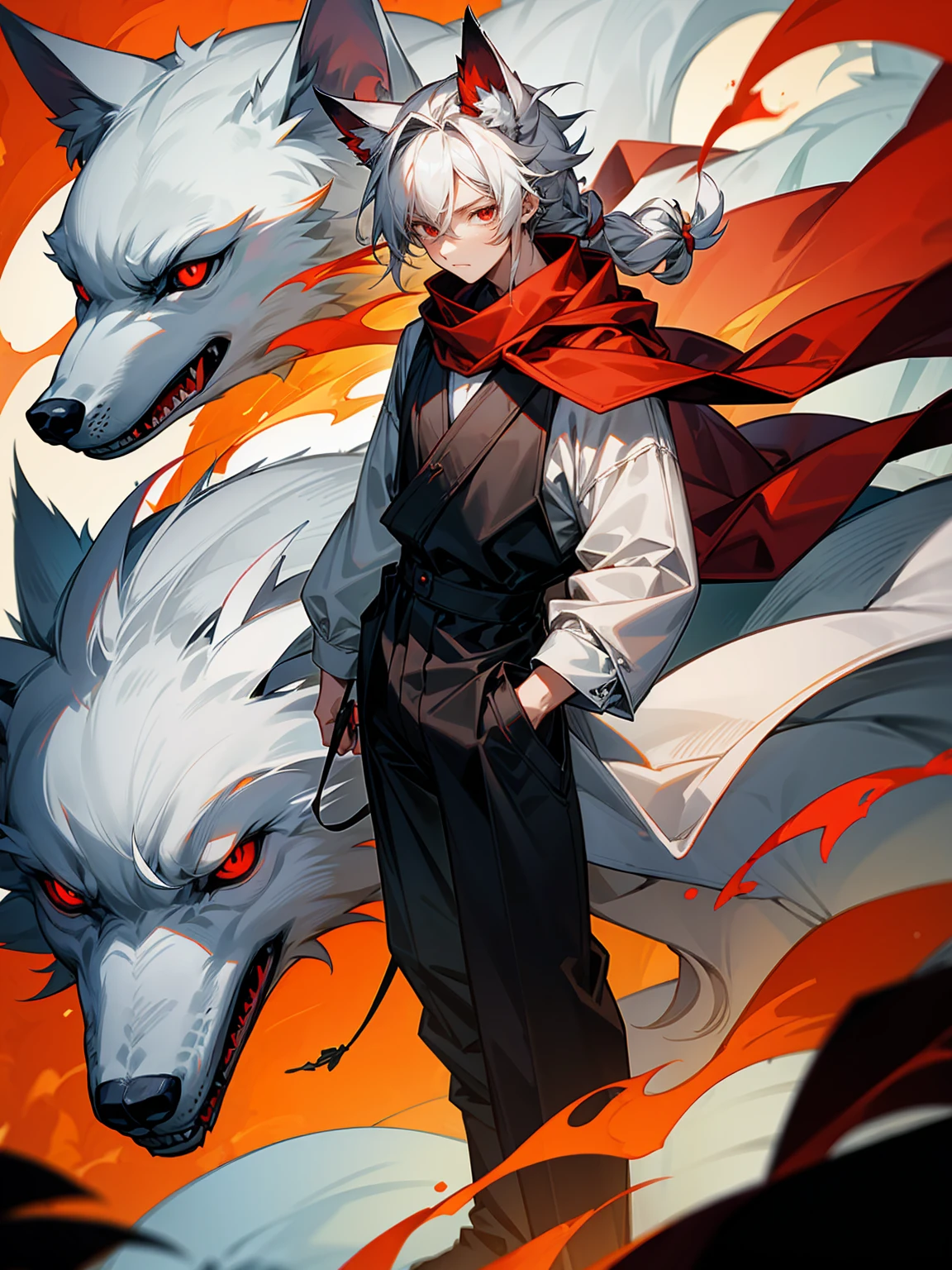 1male, Adult, Long White Hair, White Baggy Long Sleeve Shirt, Baggy Black Pants, Red Eyes, Red Scarf, Earring, Masculine, Dog Ears, Surrounded By Flames, Wolf, Single Hair Braid