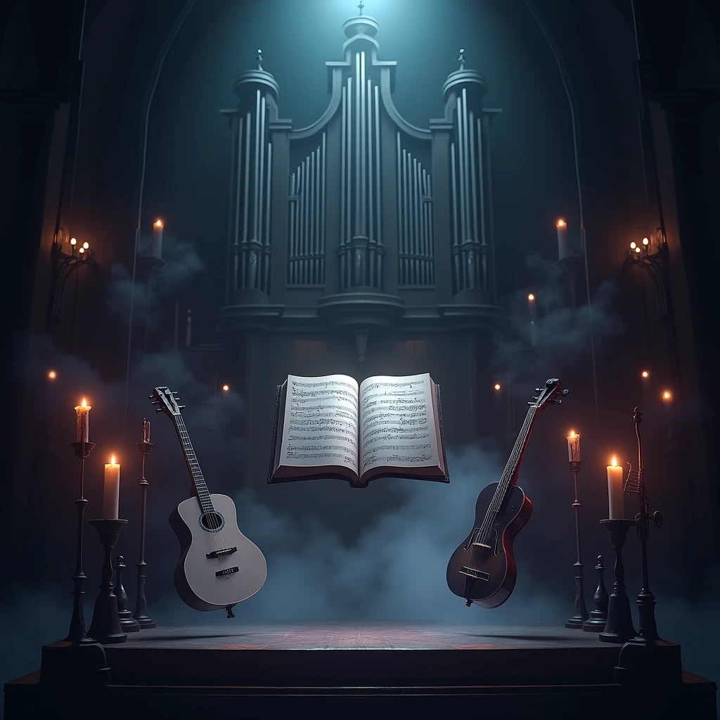 A dark stage with a large church organ in the background, surrounded by musical instruments such as violins, violonchelos, trumpets and electric guitars. The organ is covered with lighted candles, and there is smoke and fog rising from the ground, creating a mysterious and dramatic atmosphere. Changing colored lights illuminate the scene, casting shadows and reflections on the instruments. In the middle, A large open book displays musical scores, as if the music was alive and floating in the air, but does not contain people in the image