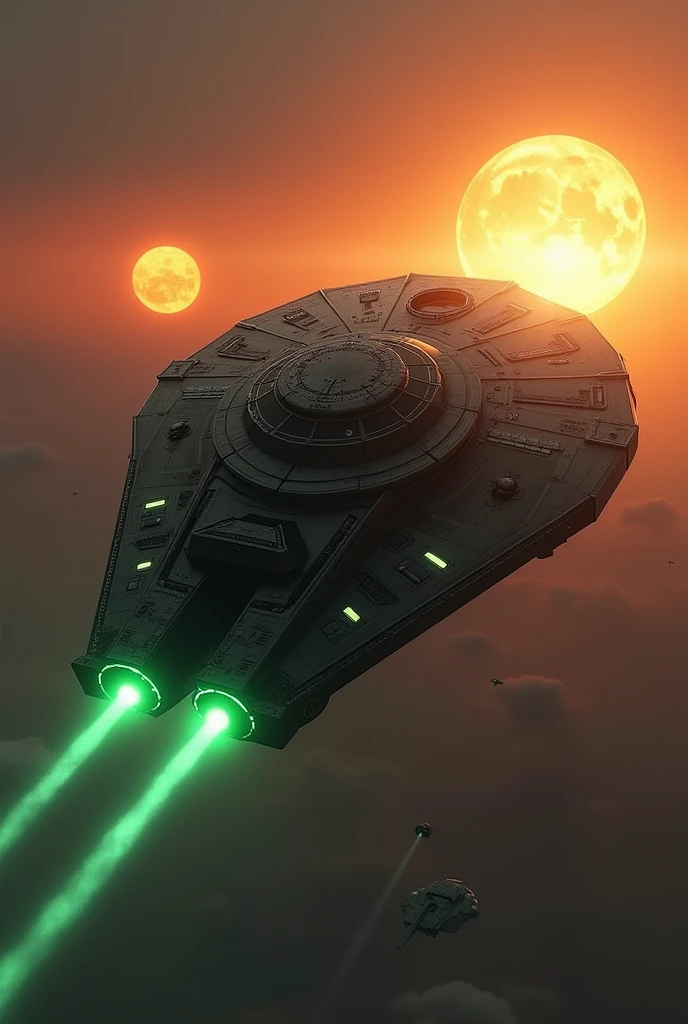 (masterpiece, photorealistic:1.4, extremely intricate:1.3), (photon mapping, radiosity, physically based rendering, ultra resolution, hyper-realistic, 8K), Star Wars style spaceship, round asymmetrical, green glowing power contrails, matte black, intense sunlight, metal reflections, faraway two suns