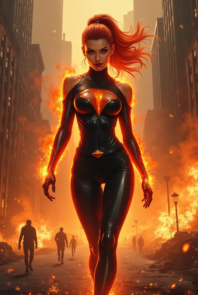 Woman big boobs redhead high in the city catching fire super realism well detailed full hd