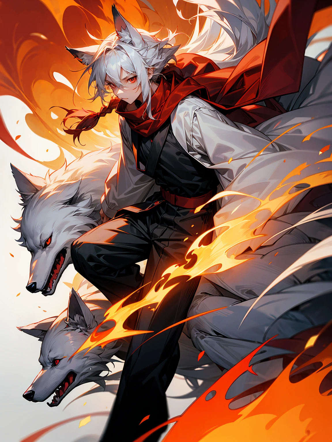 1male, Adult, Long White Hair, White Baggy Long Sleeve Shirt, Baggy Black Pants, Red Eyes, Red Scarf, Earring, Masculine, Dog Ears, Surrounded By Flames, Wolf, Single Hair Braid