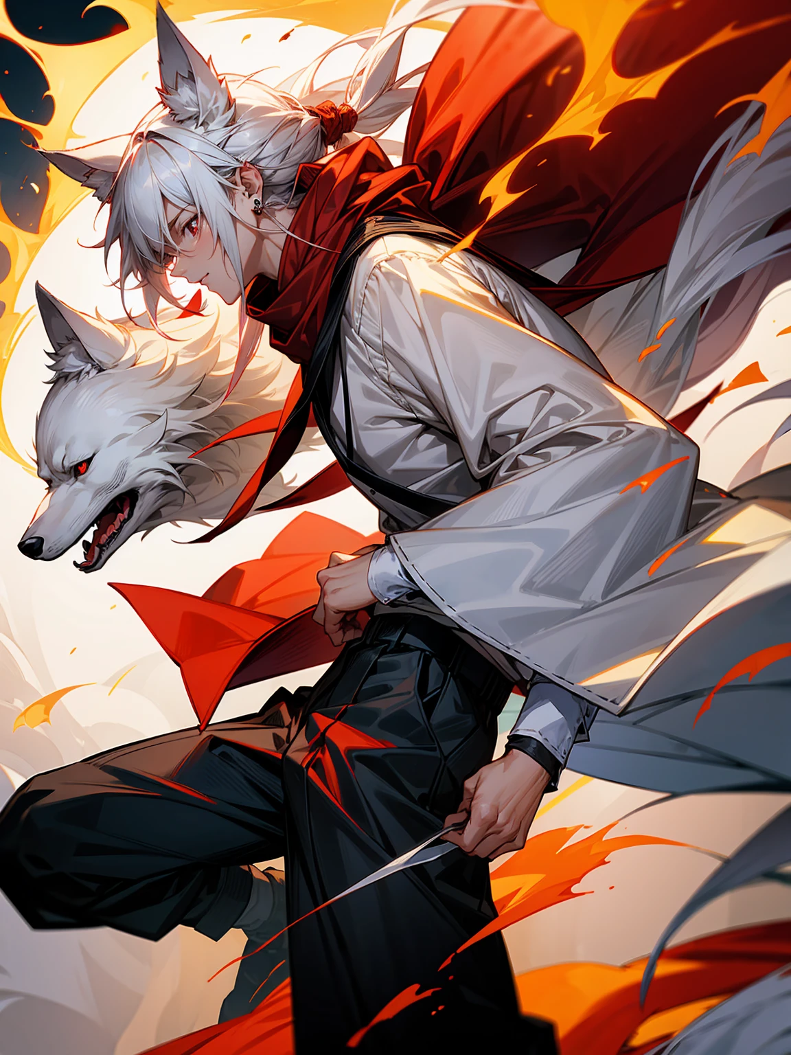 1male, Adult, Long White Hair, White Baggy Long Sleeve Shirt, Baggy Black Pants, Red Eyes, Red Scarf, Earring, Masculine, Dog Ears, Surrounded By Flames, Wolf, Single Hair Braid