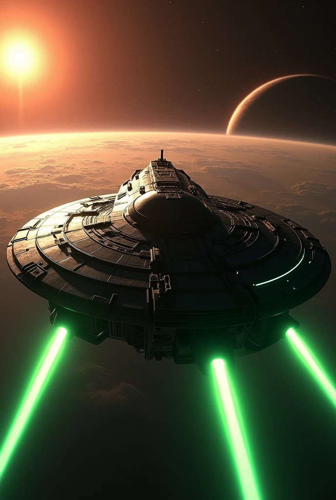 (masterpiece, photorealistic:1.4, extremely intricate:1.3), (photon mapping, radiosity, physically based rendering, ultra resolution, hyper-realistic, 8K), Star Wars style spaceship, round asymmetrical, green glowing power contrails, matte black, intense sunlight, metal reflections, faraway two suns