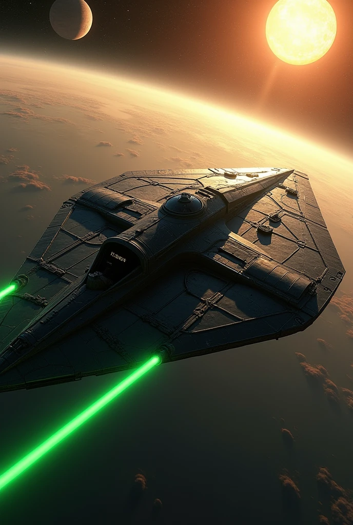 (masterpiece, photorealistic:1.4, extremely intricate:1.3), (photon mapping, radiosity, physically based rendering, ultra resolution, hyper-realistic, 8K), Star Wars style spaceship, round asymmetrical, green glowing power contrails, matte black, intense sunlight, metal reflections, faraway two suns