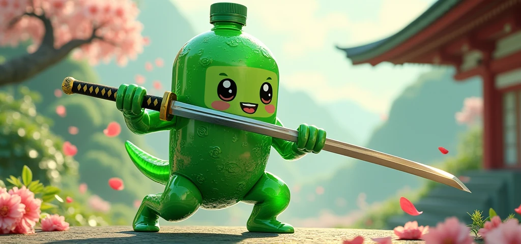 green pet bottle with human features, dollynho shinigami soda mascot with a katana