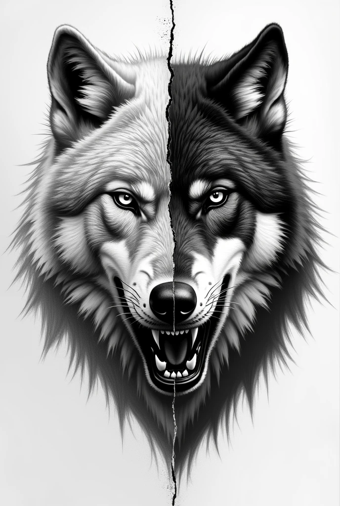 Create another black and white pointillism tattoo of a wolf face split in half and separated with a crack like broken porcelain, One part of the face is serious and the other part is growling in micro realism , separates both halves with a wide crack division, both parts of the face with different expression
