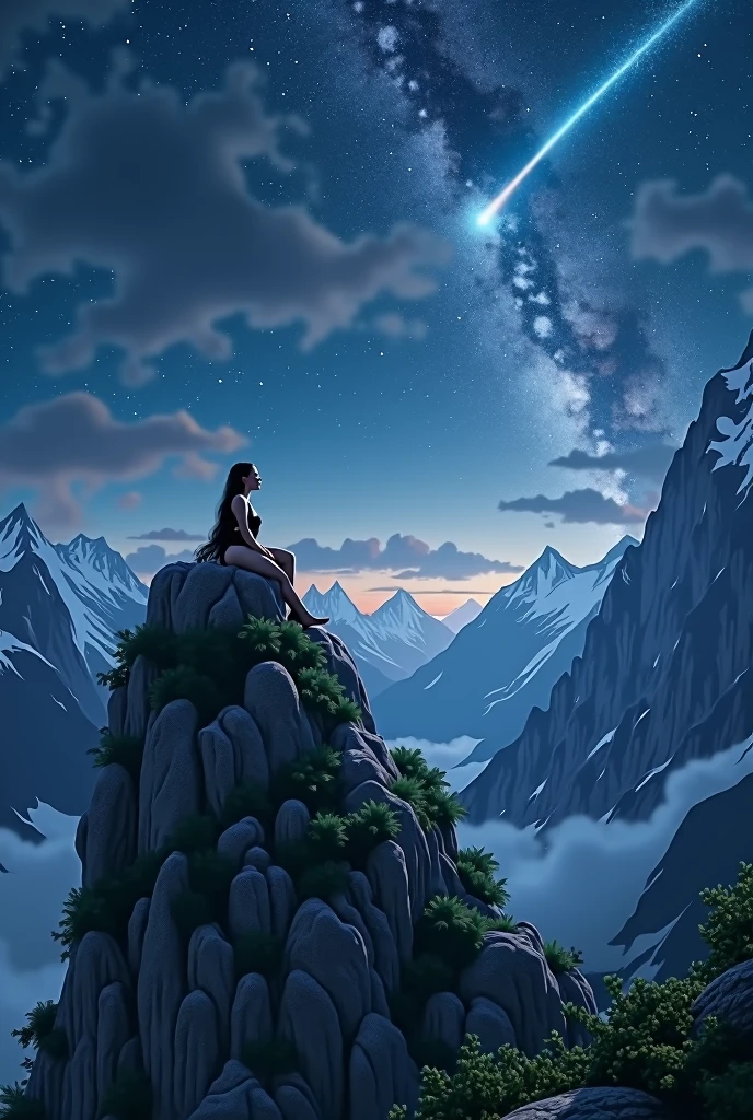 a sexy girl lying on the top of a mountain looking at the starry sky (many stars) and a shooting star falls on it