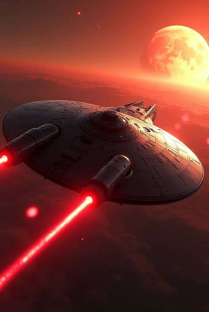 (masterpiece, photorealistic:1.4, extremely intricate:1.3), (photon mapping, radiosity, physically based rendering, ultra resolution, hyper-realistic, 8K), Star Wars style spaceship, round asymmetrical, red glowing power contrails, matte black, intense sunlight, metal reflections, faraway two suns