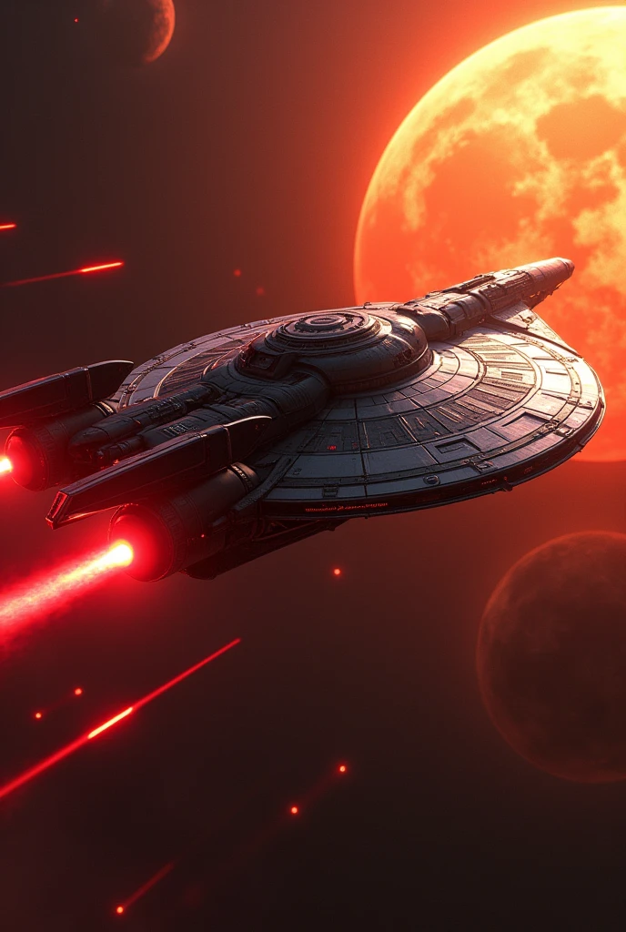 (masterpiece, photorealistic:1.4, extremely intricate:1.3), (photon mapping, radiosity, physically based rendering, ultra resolution, hyper-realistic, 8K), Star Wars style spaceship, round asymmetrical, red glowing power contrails, matte black, intense sunlight, metal reflections, faraway two suns
