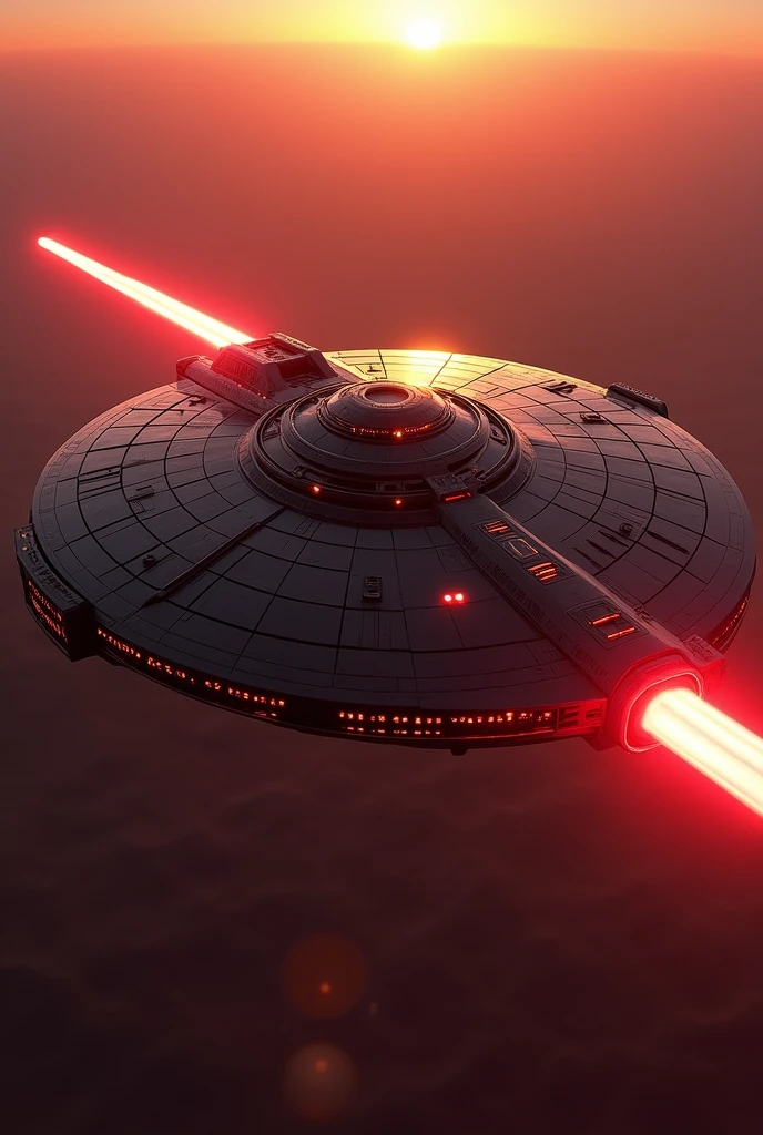 (masterpiece, photorealistic:1.4, extremely intricate:1.3), (photon mapping, radiosity, physically based rendering, ultra resolution, hyper-realistic, 8K), Star Wars style spaceship, round asymmetrical, red glowing power contrails, matte black, intense sunlight, metal reflections, faraway two suns
