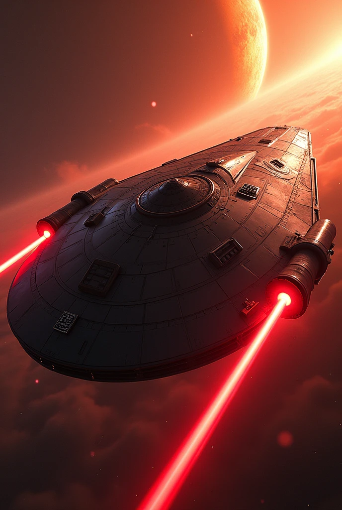 (masterpiece, photorealistic:1.4, extremely intricate:1.3), (photon mapping, radiosity, physically based rendering, ultra resolution, hyper-realistic, 8K), Star Wars style spaceship, round asymmetrical, red glowing power contrails, matte black, intense sunlight, metal reflections, faraway two suns
