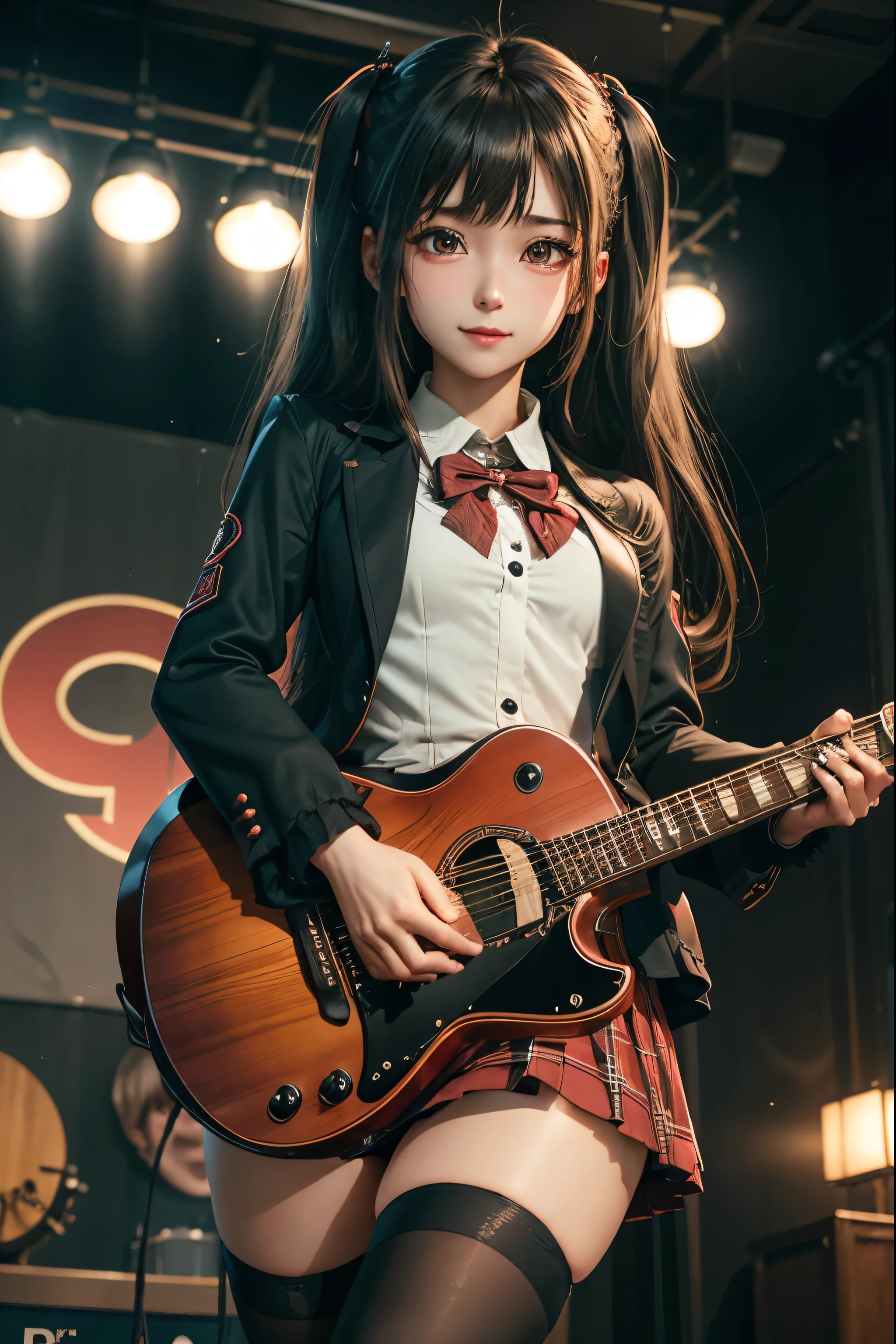 High school girl blazer、uniform、Red checked knee-length skirt、Long skirt、JK Style、Jacket、smile、Knee-high socks、Thigh-high socks、pantyhose、Extremely beautiful、Super cute、ennui、Rare Beauty、Dark black eyeshadow、sad、Skin radiance、Long Hair Straight Hair、Dark Gothic Makeup、Dark Smile、Fragrant beauty、Stained glass background、masterpiece、Highest quality、See 5 books、Sweat glistening on my chest、Sweat glistening on the face、Small breasts、2、Slightly slim、Mysterious look、Sad look、Mysterious Gothic Church、enchanting castle、Excessive sweating all over the body、Sweat dripping down thighs, shining in the light、Shiny thighs、Thighs、Sweat on thighs, shining brightly、sweat profusely、gal、Small breasts、Japanese face、Captivating look、Thin Thighs、play the guitar、I have a guitar、Enthusiastic singing、play the guitar in a band、Playing guitar chords、Background of the live music venue、Sing a song、Open your mouth、Scenery of a live music venue、Mike stand、Glamorous live stage、Dynamic Angles、Vivid straight long hair、delicate straight hair、