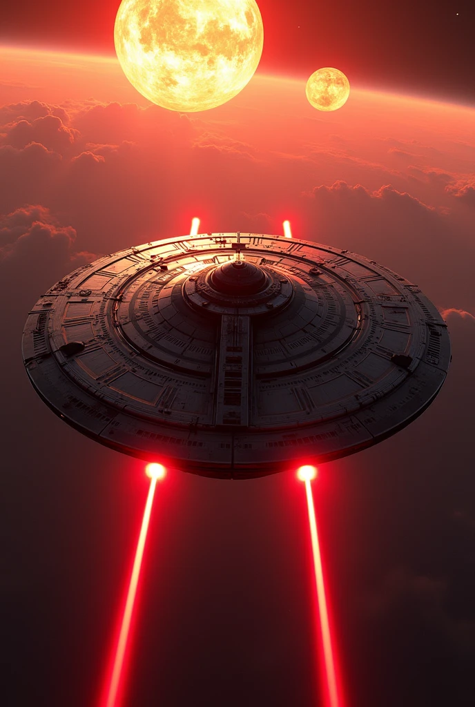 (masterpiece, photorealistic:1.4, extremely intricate:1.3), (photon mapping, radiosity, physically based rendering, ultra resolution, hyper-realistic, 8K), Star Wars style spaceship, round asymmetrical, red glowing power contrails, matte black, intense sunlight, metal reflections, faraway two suns