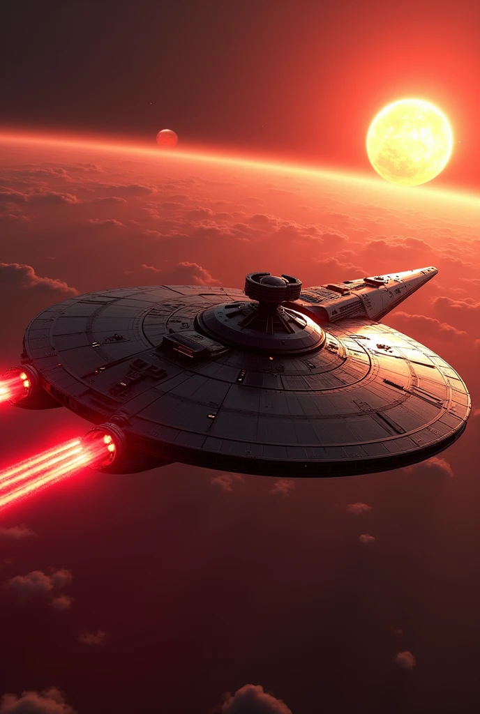 (masterpiece, photorealistic:1.4, extremely intricate:1.3), (photon mapping, radiosity, physically based rendering, ultra resolution, hyper-realistic, 8K), Star Wars style spaceship, round asymmetrical, red glowing power contrails, matte black, intense sunlight, metal reflections, faraway two suns