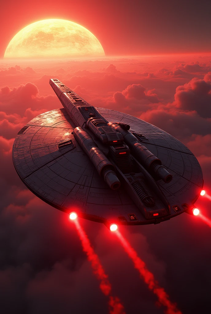 (masterpiece, photorealistic:1.4, extremely intricate:1.3), (photon mapping, radiosity, physically based rendering, ultra resolution, hyper-realistic, 8K), Star Wars style spaceship, round asymmetrical, red glowing power contrails, matte black, intense sunlight, metal reflections, faraway two suns
