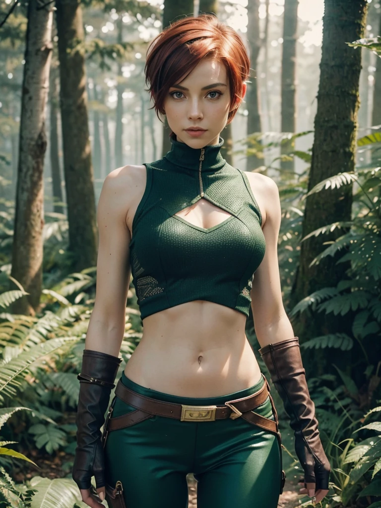 A beautiful red haired woman (Gwen Tennyson:Tracer:Bulma:Rebecca Chambers), 1girl, close-up, high detail face, aztec, mayan armor, jade head and neck jewelry, body tattoos, short hair, long tribal dress, wolf fur, ceremonial cape, tribal corset, mayan jungle, jade amulets, tribal piercings and tattoos, white tribal top, green eyes, shy smile, freckles, beautiful girl, large breasts, thigh high boots, ultra detailed, realistic, photo-realistic, masterpiece, ultra-high-definition, garter belt