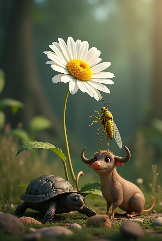 Realistic image of a white daisy flower accompanied by a cicada and next to them a turtle, a buffalo and pumba (character from the lion king)