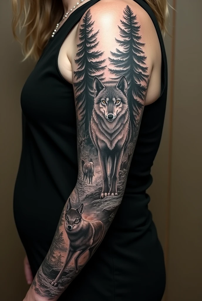 Tattoo a wolf in the forest and a raven inside the moon