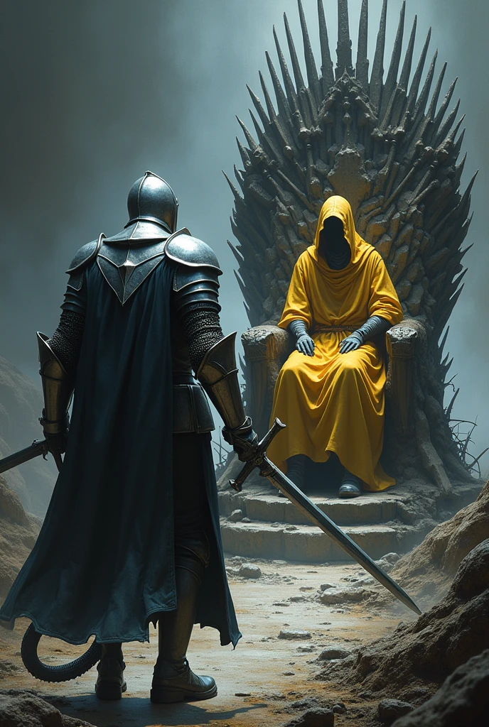 A knight wearing silver armor with a silver dragon wrapped around his feet and holding a long sword walks towards a throne full of thorns.,A pagan in golden garments and a hood sits on a throne,The throne is shattered