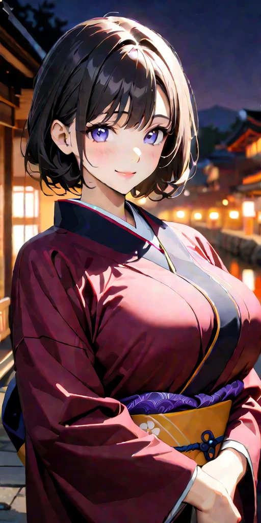 ((Highest quality、masterpiece、anime style、best quality、high resolution、8k、detailed、ultra-detailed:1.3))、Long legs:1.2, Beautiful woman with perfect figure:1.4、(Smiling:1.2), double eyelid、30-year-old female、((((One Woman,beautiful face,Beautiful face、Japanes,Japan,Riverside、Kyoto、kimono、 night,upper body:1.5)))),Big Breasts、High resolution, accurate, Anatomically correct, Winner of numerous awards, High-resolution model, high quality, Very detailed, Ultra high definition, Textured skin
