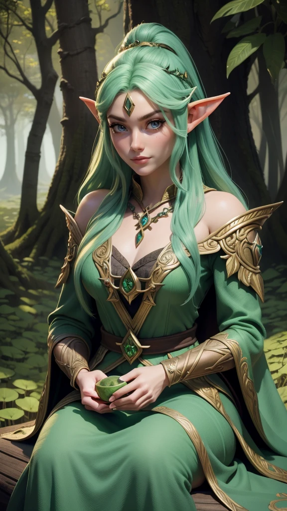 a close up of a woman with green hair sitting on a mushroom field, elf girl, beautiful elf with ornate robes, fantasy art style, beautiful wood elf, realistic fantasy artwork, a portrait of an elf, portrait of an elf, very beautiful elven top model, epic fantasy art style, detailed fantasy art, female elf, trending digital fantasy art, realistic fantasy render