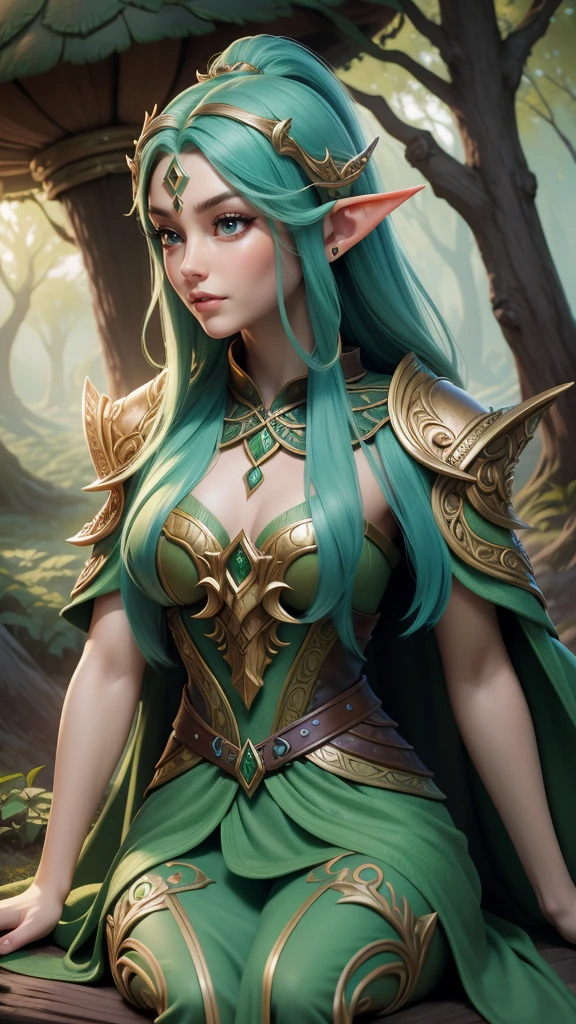 a close up of a woman with green hair sitting on a mushroom field, elf girl, beautiful elf with ornate robes, fantasy art style, beautiful wood elf, realistic fantasy artwork, a portrait of an elf, portrait of an elf, very beautiful elven top model, epic fantasy art style, detailed fantasy art, female elf, trending digital fantasy art, realistic fantasy render