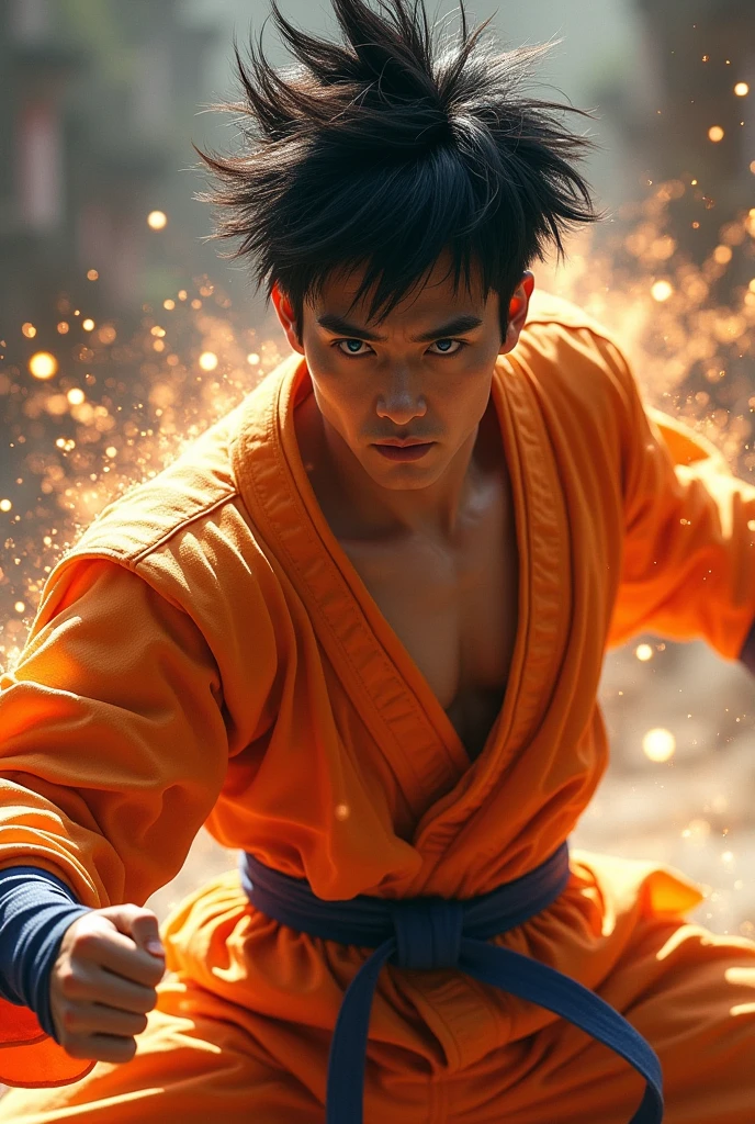 a muscular man with spiky black hair, piercing blue eyes, detailed facial features, wearing an orange martial arts gi, mid-battle pose with energy crackling around him, dramatic lighting, cinematic composition, digital painting, hyperrealistic, highly detailed, 8k, masterpiece